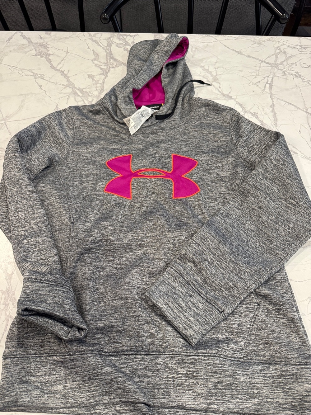 Under Armour Gray Pullover Hoodie with Pink Logo & Hood Lining